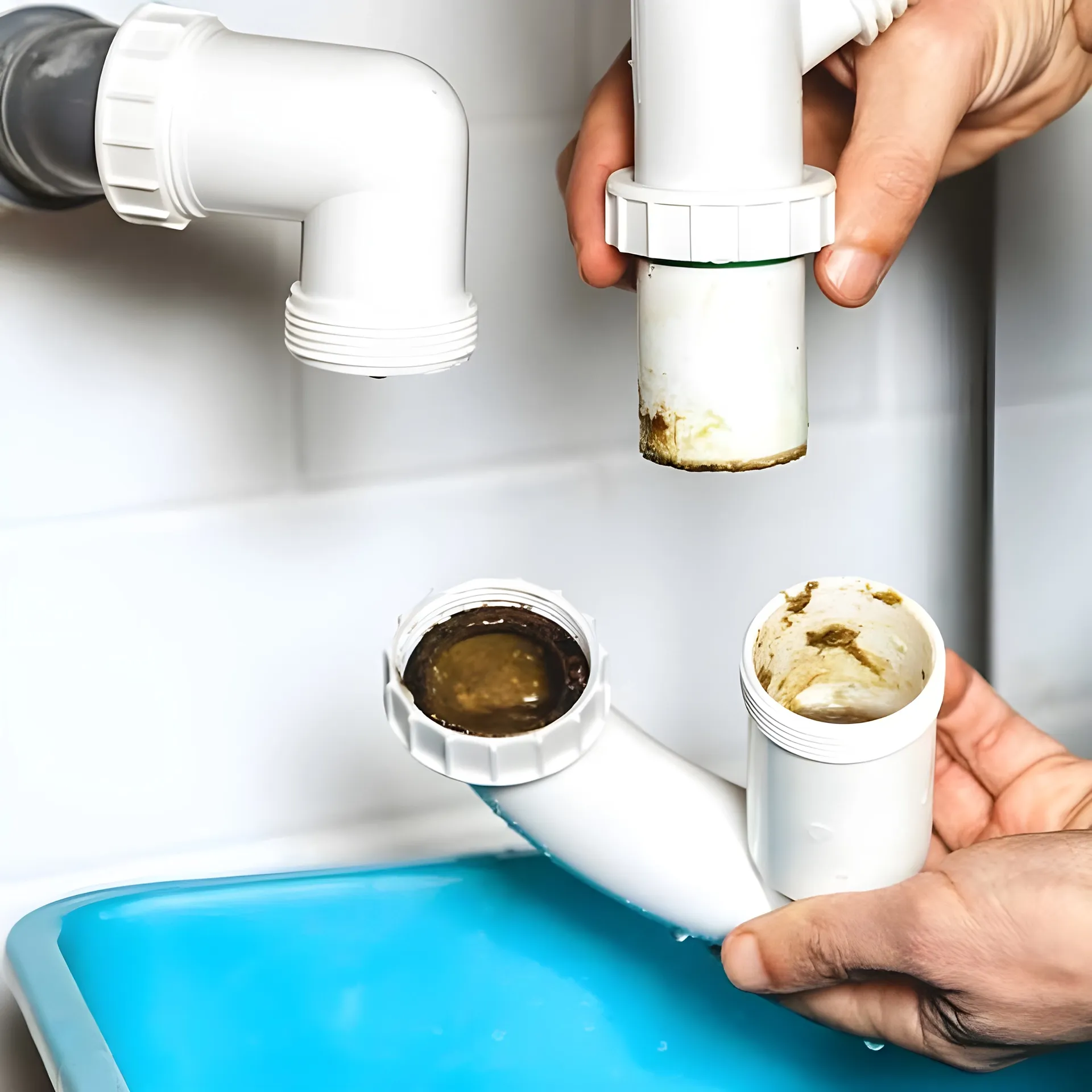 Plumber removing a clogged sink trap during drain cleaning in Belmont NC.